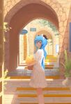  1girl bangs basket blue_hair day dress flower from_side ganyu_(genshin_impact) genshin_impact hair_ornament highres horn_ornament horns long_hair looking_at_viewer low_ponytail plant potted_plant purple_eyes sidelocks smile solo standing sundress wer0 white_dress yellow_flower 