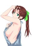  1girl adjusting_hair arm_up armpits breasts brown_hair chinatsu_(suzutsuki_kurara) green_eyes green_ribbon hairband highres long_hair naked_overalls no_bra original overalls ribbon sideboob simple_background solo suzutsuki_kurara white_background 