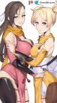  2girls asymmetrical_docking blonde_hair blue_eyes braid breast_press breasts brown_hair cleavage commentary cowboy_shot crown_braid damodar detached_sleeves english_commentary fire_emblem fire_emblem_awakening fire_emblem_fates grin highres japanese_clothes kagero_(fire_emblem) kimono large_breasts lissa_(fire_emblem) long_hair looking_at_viewer medium_breasts multiple_girls obi parted_lips pelvic_curtain pink_kimono purple_eyes sash scarf shorts simple_background sleeveless sleeveless_kimono smile standing thighs twintails very_long_hair white_background white_sash white_shorts yellow_kimono yellow_scarf 