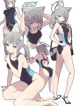  animal_ear_fluff animal_ears black_one-piece_swimsuit blue_archive blue_eyes breasts collarbone competition_swimsuit cross cross_hair_ornament extra_ears grey_hair hair_ornament halo highleg highleg_swimsuit highres inverted_cross low_ponytail medium_breasts mismatched_pupils momiji_oroshi multicolored_clothes multicolored_swimsuit official_alternate_costume one-piece_swimsuit ponytail sandals shiroko_(blue_archive) shiroko_(swimsuit)_(blue_archive) swimsuit two-tone_swimsuit 