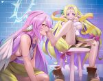  2girls angel angel_wings animal_ears barefoot bird_ears black_panties blonde_hair blue_eyes blush boots bow breasts elf feathered_wings feel_nilvalen feet foot_focus foot_worship forehead_jewel gradient_hair greatodoggo hair_bow hair_ornament halo highres jibril_(no_game_no_life) large_breasts licking licking_foot long_hair looking_at_viewer low_wings magic_circle multicolored_hair multiple_girls navel no_game_no_life panties pink_hair pointy_ears purple_eyes purple_hair ribbon saliva smile soles teeth toes underwear very_long_hair white_wings wing_ears wings yellow_eyes yuri 