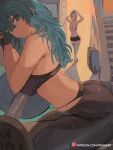  2girls arms_up bangs barbell blonde_hair blue_eyes blue_hair blush breasts byleth_(fire_emblem) byleth_(fire_emblem)_(female) character_request cleavage closed_mouth commentary english_commentary fingerless_gloves fire_emblem fire_emblem:_three_houses from_side gloves green_hair large_breasts long_hair looking_at_viewer looking_to_the_side medium_hair mirai_hikari multiple_girls pants smile solo_focus sports_bra thighhighs thighs tying_hair weights white_hair yoga_pants 