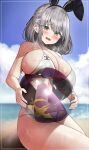  1girl animal_ears ball bangs bare_shoulders beach beachball bikini black_hairband blurry blurry_background blush bob_cut braid breast_press breasts chanel day fake_animal_ears green_eyes grey_hair hair_between_eyes hairband highres holding holding_ball holding_beachball hololive huge_breasts kuse_(0201) looking_at_viewer medium_hair mole mole_on_breast navel open_mouth rabbit_ears shirogane_noel sitting solo sweat swimsuit transparent virtual_youtuber white_bikini 