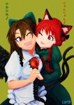  2girls animal_ears bird_wings black_wings bow braid carte cat_ears cat_tail fangs feathered_wings green_background green_bow green_skirt hair_bow happy heart highres holding_hands interlocked_fingers kaenbyou_rin long_hair multiple_girls multiple_tails nekomata one_eye_closed open_mouth red_eyes red_hair reiuji_utsuho skirt tail teeth third_eye touhou twin_braids two_tails wings yuri 