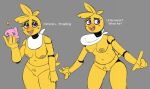  4_fingers animatronic anthro avian beak bib bird blush blush_lines breasts candle chica_(fnaf) chicken cupcake_(fnaf) duo english_text female fingers fire fist five_nights_at_freddy&#039;s food food_creature galliform gallus_(genus) genitals holding_food holding_object machine melting nipples non-mammal_breasts non-mammal_nipples nude open_hands open_mouth phasianid purple_eyes pussy question_mark robot scottgames sketch solo solo_focus teeth text tongue tongue_out video_games zhenai 