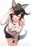  1girl animal_ear_fluff animal_ears arm_up bangs black_hair black_shorts blush breasts brown_eyes cleavage cowboy_shot hair_between_eyes hair_ornament hairclip hand_on_own_thigh highres hololive large_breasts leaning_forward long_hair long_sleeves looking_at_viewer multicolored_hair one_eye_closed ookami_mio open_mouth ponytail red_hair see-through shirt shorts simple_background solo standing streaked_hair sweat very_long_hair virtual_youtuber white_background white_shirt wolf_ears woogi_(duguddnr) 