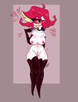  1_eye blush breasts clothed clothing cyclops demon demon_humanoid fangs female genitals hair hazbin_hotel hi_res humanoid niffty_(hazbin_hotel) nipples open_mouth open_smile partially_clothed pubes pussy red_hair simple_background smile solo teeth thick_thighs white_body whiteartblood 