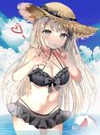  1girl artist_name ball bangs bare_shoulders beach beachball blush bonono breasts grey_eyes grey_hair hand_on_own_chest hat highres long_hair looking_at_viewer medium_breasts original solo straw_hat summer swimsuit 