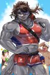  abs anthro brown_body brown_fur bulge catoblepas_(tas) clothing eyewear female fur glasses group horn human lifeguard lifewonders male mammal monster muscular muscular_anthro pecs sumiwohakuneko swimwear tokyo_afterschool_summoners trio video_games whistle 