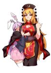  2girls animal_ears blonde_hair breasts chinese_clothes cleavage dress highres junko_(touhou) loadzeik long_hair middle_finger multiple_girls purple_hair rabbit_ears rabbit_tail red_eyes reisen_udongein_inaba skirt tail thighhighs touhou very_long_hair wide_sleeves 