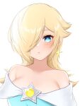  1girl :&lt; bare_shoulders blonde_hair blue_eyes breasts closed_mouth hair_over_one_eye highres large_breasts long_hair looking_at_viewer mario_(series) rosalina simple_background solo star_(symbol) super_mario_galaxy tomatomiya upper_body white_background 