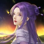  1girl closed_mouth dark_background dress embers expressionless fire highres light long_hair looking_back needle portrait purple_dress purple_eyes purple_hair qin_shi_ming_yue shisan_zhou_zhou solo zi_nu_(qin_shi_ming_yue) 