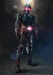  1boy adapted_costume antennae armor bug clenched_hands commentary full_body glowing glowing_eyes grasshopper highres kamen_rider kamen_rider_(series) kamen_rider_1 lens_flare looking_at_viewer paintedmike red_eyes rider_belt science_fiction solo standing tokusatsu typhoon_(kamen_rider) 