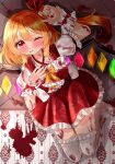  1girl absurdres adapted_costume ascot blonde_hair blood blood_in_hair blood_on_arm blood_on_clothes blood_on_face blood_on_hands blood_on_leg blush flandre_scarlet frilled_ascot frilled_skirt frilled_thighhighs frills glowing glowing_wings hair_between_eyes highres huako31 long_hair looking_at_viewer multicolored_wings nail_polish no_headwear no_shoes one_eye_closed orange_eyes puffy_short_sleeves puffy_sleeves red_nails red_skirt red_vest shirt short_sleeves side_ponytail skirt solo thighhighs touhou vest white_shirt white_thighhighs wings wrist_cuffs yellow_ascot 