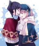  2girls atelier_(series) atelier_totori black_hair blue_shawl blush commentary_request face-to-face hair_ornament highres maromi_(am97) mimi_houllier_von_schwarzlang multiple_girls open_mouth ponytail profile purple_eyes red_eyes red_shawl scarf shawl shorts smile totooria_helmold winter_clothes 