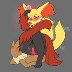  &lt;3 anthro blush bodily_fluids condom condom_wrapper delphox duo eevee female feral generation_1_pokemon generation_6_pokemon genital_fluids hi_res knot larger_female male male/female mr.smile nintendo pokemon pokemon_(species) precum scarlett_(mr.smile) sexual_barrier_device size_difference tail_motion tailwag tongue tongue_out video_games 