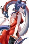  1girl arknights ass bangs bare_arms bare_shoulders blue_hair breasts ch&#039;en_(ageless_afterglow)_(arknights) ch&#039;en_(arknights) double_bun dragon_horns dragon_tail dress feet_out_of_frame hair_between_eyes hair_bun highres horns large_breasts lucy_(rusi-juren328) red_dress red_eyes sidelocks simple_background sitting sleeveless sleeveless_dress solo tail white_background 