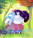  anthro belly blue_body blue_fur bottomwear bow_ribbon chest_tuft clothing curvy_figure digital_media_(artwork) female flower fluffy fluffy_tail forest forest_background fur grass hair happy lepidopteran_wings long_hair long_tail mammal midriff nature nature_background navel pawpads plant purple_hair skirt slightly_chubby solo solo_focus stripes_tail sun tongue tongue_out tree tuft undyingsong wide_hips wings 
