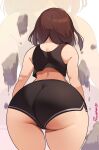  1girl artist_name ass bare_shoulders boku_no_hero_academia brown_hair crop_top from_behind highres huge_ass probably_noon rock short_hair short_shorts shorts sleeveless solo tank_top thick_thighs thighs uraraka_ochako white_background wide_hips zoom_layer 