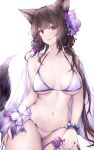  1921494015 1girl absurdres bangs black_hair blue_archive breasts brown_eyes cleavage collarbone flower hair_flower hair_ornament highres large_breasts looking_at_viewer navel parted_lips purple_one-piece_swimsuit simple_background smile solo swimsuit wakamo_(blue_archive) wakamo_(swimsuit)_(blue_archive) white_background 