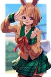  1girl animal_ears artist_request black_thighhighs blonde_hair carrot_(one_piece) furry furry_female happy looking_at_viewer one_piece rabbit_ears rabbit_girl rabbit_tail red_ribbon ribbon school_uniform short_hair skirt smile solo source_request standing tail thighhighs thighs v 