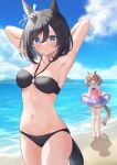  2girls animal_ears armpits arms_up beach bikini black_bikini black_hair blue_eyes blue_sky bob_cut bow breasts brown_eyes brown_hair cloud day eishin_flash_(umamusume) hair_bow halterneck highres horizon horse_ears horse_girl horse_tail innertube kurumi_lm long_hair looking_at_viewer medium_breasts multiple_girls navel o-ring o-ring_top ocean outdoors pink_one-piece_swimsuit scrunchie short_hair sky smart_falcon_(umamusume) solo_focus swimsuit tail twintails umamusume white_scrunchie 