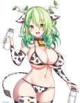  1girl :d animal_ears animal_print antlers bell bikini bottle braid breasts ceres_fauna cleavage cow_ears cow_print cow_tail cowbell french_braid green_hair green_nails highres hololive hololive_english large_breasts leaf long_hair midriff milk milk_bottle nail_polish navel neck_bell roshi_chen simple_background smile solo swimsuit tail virtual_youtuber white_background yellow_eyes zettai_ryouiki 