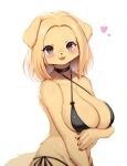  1girl animal_ears animal_nose bikini black_bikini blonde_hair blush body_fur breasts brown_eyes commentary dog_ears dog_girl dog_tail fangs furry furry_female halterneck heart highres large_breasts looking_at_viewer open_mouth original short_hair side-tie_bikini_bottom simple_background smile snout solo swimsuit tail white_background whooo-ya yellow_fur 