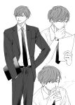  1boy absurdres ayukawa763 belt breast_pocket buttoned_cuffs buttons clipboard closed_mouth collared_shirt commentary_request cropped_torso cup dress_pants dress_shirt drink drinking feet_out_of_frame fingernails formal greyscale hair_between_eyes hair_over_one_eye hand_on_own_chin highres holding holding_clipboard holding_cup holding_paper jacket lapels long_sleeves looking_at_viewer looking_to_the_side male_focus monochrome mug multiple_views necktie notched_lapels open_clothes open_jacket original pants paper pocket shirt shirt_tucked_in short_hair simple_background steam suit suit_jacket teacher unbuttoned upper_body watch white_background wristwatch 