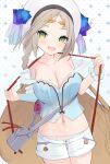  1girl :d atelier_(series) atelier_firis bare_shoulders beret blue_sleeves braid breasts bustier cisyo cleavage collarbone commentary_request detached_sleeves firis_mistlud firis_mistlud_(zealous_explorer) green_eyes hand_up hat highres large_breasts long_hair looking_at_viewer navel parted_bangs short_shorts shorts single_braid single_detached_sleeve smile solo thick_eyebrows white_background white_hat white_shorts wrist_cuffs 