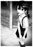  1girl absurdres bandaged_knees bangs blush buttons collared_shirt commentary_request feet_out_of_frame flat_chest grass greyscale hair_between_eyes hakonnbo highres looking_at_viewer monochrome open_mouth original outdoors outside_border pleated_skirt shirt short_hair short_twintails skirt socks solo standing suspender_skirt suspenders twintails 