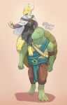  anthro bandaged_arm biskierisky blue_eyes carrying cloak clothing duo errathimal_(zettra_thorn) eyes_closed female green_body green_skin hi_res horn jacket kobold male markings on_shoulder reptile scales scalie shell solo talking_to_another topwear torn_clothing tortoise turtle walking yellow_body yellow_scales 