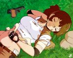  1girl abs arm_behind_head bandages bandaid bangs belt breasts broken_eyewear brown_hair cleavage closed_eyes closed_mouth elbow_pads eyewear_removed fingerless_gloves fio_germi gauze glasses gloves grass gun handgun hat headwear_removed jacket large_breasts lips lying metal_slug on_grass open_clothes open_jacket ponytail resting signature smirk solo superretroheart torn_clothes weapon 