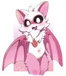 anthro bat black_sclera cheesefries fangs female fur genitals hi_res mammal membrane_(anatomy) membranous_wings mob_entertainment nightmare_critters open_mouth poppy_playtime rabie_baby_(poppy_playtime) smile solo teeth white_body white_fur wings