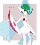  1boy arm_blade artist_name bangs blue_cape blue_hair border cape character_name closed_mouth colored_skin commentary_request english_text expressionless flower gallade gem green_hair hair_over_one_eye heart highres looking_at_viewer male_focus mega_gallade mega_pokemon mohawk multicolored_hair nekopanda one_eye_covered outside_border pokemon pokemon_(creature) purple_background red_eyes red_flower red_gemstone red_rose rose shiny shiny_hair short_hair signature simple_background solo standing two-tone_hair weapon white_border white_skin 