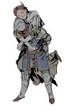  192_saioma 1girl 1other armored_boots blue_tunic blush boots brown_hair brown_pants carrying chosen_undead closed_eyes commentary dark_souls_(series) dark_souls_i dress dusk_of_oolacile fake_wings full_body gauntlets grey_dress grin head_wings helmet highres hug hug_from_behind knight pants piggyback short_bangs short_hair simple_background smile standing tunic white_background wings 