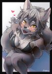  &lt;3 2022 5_fingers anthro ayabemiso bikini biped blush breasts canid canine canis chest_tuft clothing countershade_fur countershading eyebrows female fingers fluffy fluffy_tail foreshortening fur grey_body grey_fur grey_hair hair hair_between_eyes hi_res looking_at_viewer looking_up mammal messy_hair navel open_mouth open_smile perspective sharp_teeth sitting smile solo swimwear teeth tuft wolf yellow_eyes 