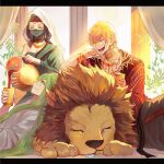  1girl 2boys :d blackirish1988 blonde_hair brown_hair closed_eyes column commentary_request cup dress enkidu_(fate) fate/grand_order fate_(series) gilgamesh_(fate) green_dress green_eyes green_hair hairband holding holding_cup holding_pitcher jewelry laughing letterboxed lion mask mouth_mask multiple_boys necklace pillar pouring red_hairband see-through_mask siduri_(fate) single_bare_shoulder smile white_hood 