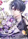  1boy black_jacket blurry blurry_foreground bouquet commentary_request depth_of_field flower happy_birthday jacket looking_at_viewer male_focus marius_von_hagen_(tears_of_themis) parted_lips purple_flower s_(olath) shirt solo tears_of_themis upper_body white_background white_shirt 