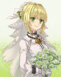  blonde_hair bouquet breasts bridal_veil chain fate/grand_order fate_(series) green_eyes hair_intakes highres large_breasts lock nero_claudius_(bride)_(fate) nero_claudius_(fate) padlock padlocked_collar short_hair veil white_sleeves yuli 