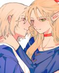  2girls blonde_hair blue_robe bright_pupils choker closed_mouth dohwa110 dungeon_meshi elf falin_touden falin_touden_(tallman) green_eyes hand_on_another's_neck hand_on_another's_shoulder long_hair long_sleeves looking_at_another looking_at_viewer marcille_donato multiple_girls pointy_ears red_choker robe short_hair simple_background smile white_background white_pupils yuri 