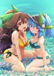  2girls absurdres alternate_hairstyle arm_at_side ass bikini blue_hair bow breasts brown_hair closed_mouth hair_between_eyes hair_bow hand_on_own_chest hand_up high_ponytail highres hinanawi_tenshi kaden_(muxt8423) large_breasts long_hair looking_at_viewer medium_breasts multiple_girls open_mouth pout red_eyes reiuji_utsuho side-tie_bikini_bottom sitting smile swimsuit third_eye touhou v_arms very_long_hair visor_cap wariza water wet wet_face wings 