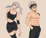  1boy 1girl artist_name asta_(black_clover) black_clover black_pants breasts elbow_pads grey_hair gym_shirt hands_in_pockets headband muscular muscular_male noelle_silva pants portuguese_commentary shadowyghost shirt shorts tank_top thighhighs topless 