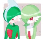  1boy 1girl ? artist_name bangs blue_hair blush bob_cut border closed_mouth colored_skin commentary_request embarrassed flat_chest flying_sweatdrops gallade gardevoir green_hair green_skin hair_over_one_eye hand_to_own_mouth hand_up happy looking_at_another looking_away looking_down looking_to_the_side mohawk multicolored_hair multicolored_skin nekopanda nervous one_eye_covered open_mouth outside_border pokemon pokemon_(creature) purple_background red_eyes shiny shiny_hair short_hair signature simple_background smile sweat two-tone_hair two-tone_skin upper_body white_border white_skin 