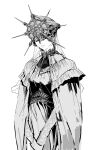  192_saioma 1boy closed_mouth commentary cowboy_shot dark_souls_(series) dark_souls_i dark_sun_gwyndolin expressionless greyscale highres looking_at_viewer male_focus mask masked monochrome otoko_no_ko own_hands_together robe rope simple_background solo 