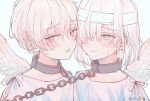  2boys absurdres androgynous angel angel_wings bandages blush chain closed_mouth collar crying crying_with_eyes_open grey_eyes hair_over_one_eye highres hospital_gown mio_(niufog) multiple_boys niufog noah_(niufog) one_eye_covered open_mouth original pink_eyes pink_hair short_hair tears white_background white_hair wings 