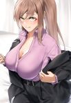  1girl belt black_belt black_jacket black_pants blush breasts brown_eyes brown_hair cleavage collarbone collared_shirt commission danganronpa_(series) danganronpa_3_(anime) formal jacket large_breasts pants pink_shirt pixiv_commission ponytail shirt solo sweat tamamoice yukizome_chisa 