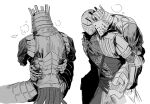 ... 192_saioma 1boy 1other armor blood blood_on_clothes breastplate carrying chosen_undead commentary dark_souls_(series) dark_souls_i feet_out_of_frame full_armor greyscale helmet highres knight knight_lautrec_of_carim leg_armor monochrome pauldrons piggyback shoulder_armor simple_background spoken_ellipsis tunic 