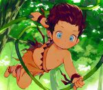  1boy blue_eyes branch brown_hair child dark-skinned_male dark_skin day english_commentary jungle looking_at_viewer male_child nature navel nipples original outdoors short_hair solo swinging teeth thebrushking topless_male tree tropical 