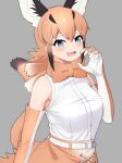  1girl :d absurdres animal_ears bangs bare_shoulders belt black_hair blue_eyes bow bowtie breasts caracal_(kemono_friends) claw_pose deku_suke elbow_gloves extra_ears fang gloves grey_background hair_between_eyes highres kemono_friends light_blush looking_at_viewer medium_breasts multicolored_hair open_mouth orange_bow orange_bowtie orange_hair shirt simple_background skin_fang skirt sleeveless sleeveless_shirt smile solo tail white_belt white_hair 